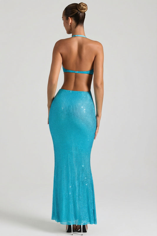 Embellished Cut-Out Halterneck Maxi Dress in Aqua Blue