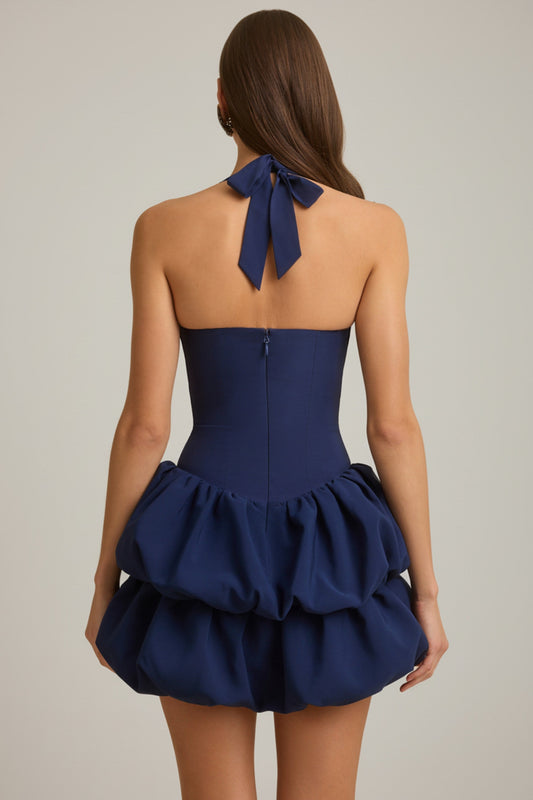 Halterneck Layered Bubble Hem Corset Mini Dress in True Navy