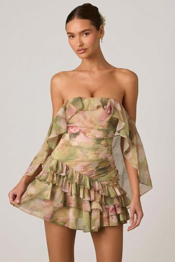 Off-Shoulder Ruffled Mini Dress in Floral Multi Print