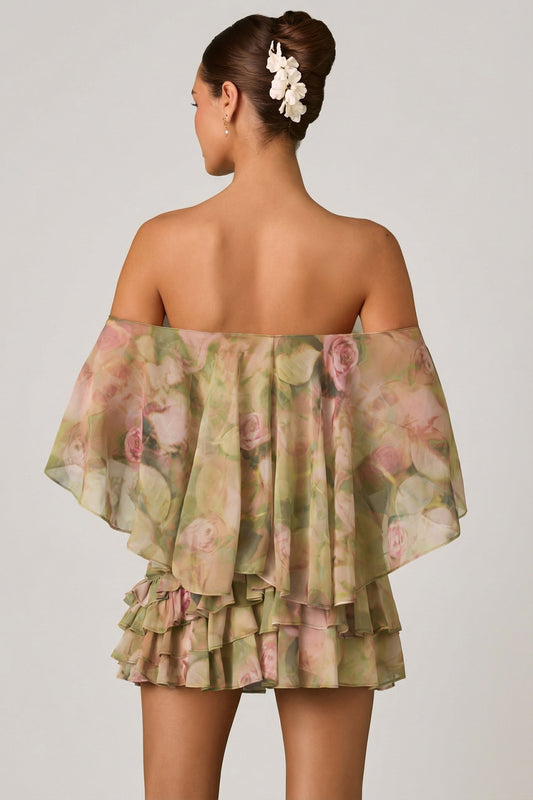 Off-Shoulder Ruffled Mini Dress in Floral Multi Print