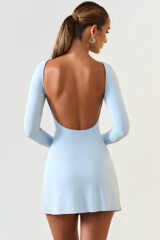 Modal Ruched Open-Back Mini Dress in Ice Blue