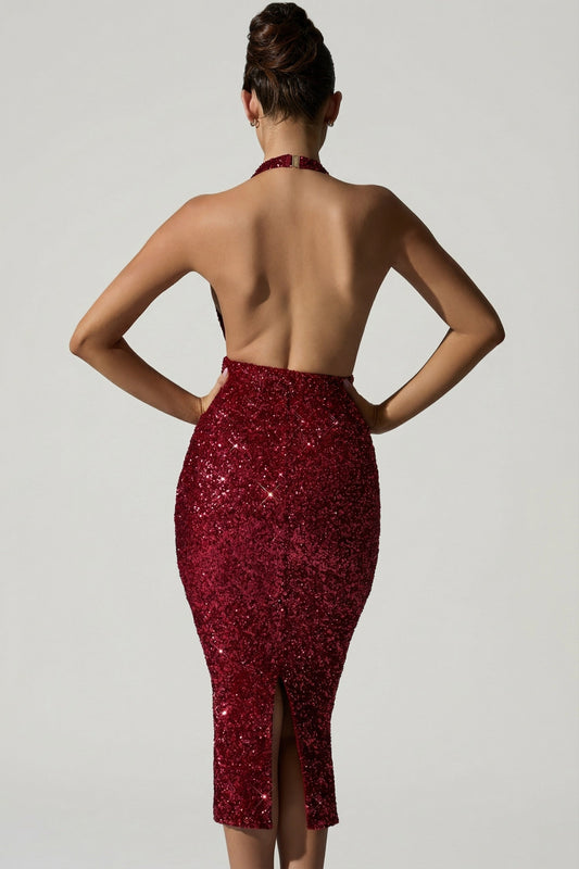 Embellished Cut-Out Open-Back Midaxi Dress in Red