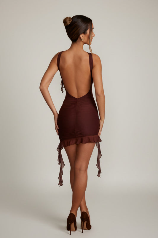Backless Ruffle Detailing Mini Dress in Brown