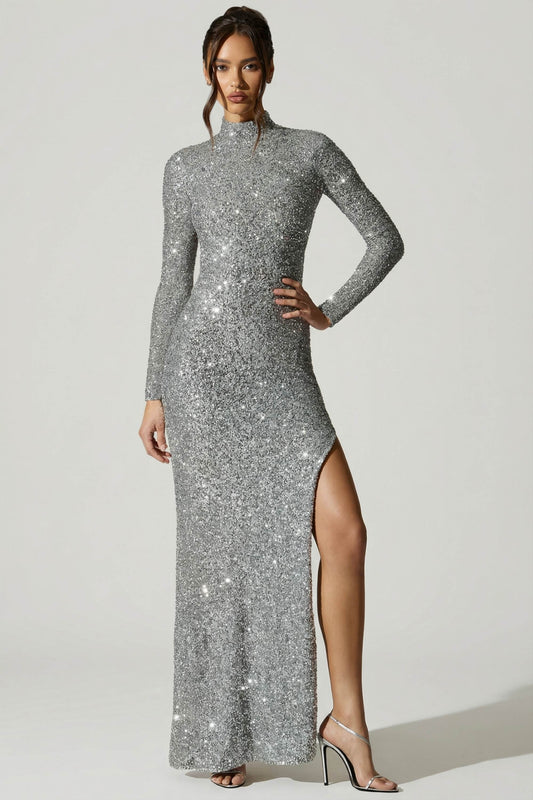 Embellished Open-Back Gown in Silver
