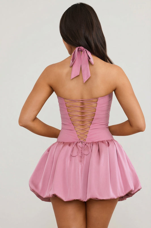 Halterneck Lace-Up Bubble Hem Corset Micro Mini Dress in Mauve