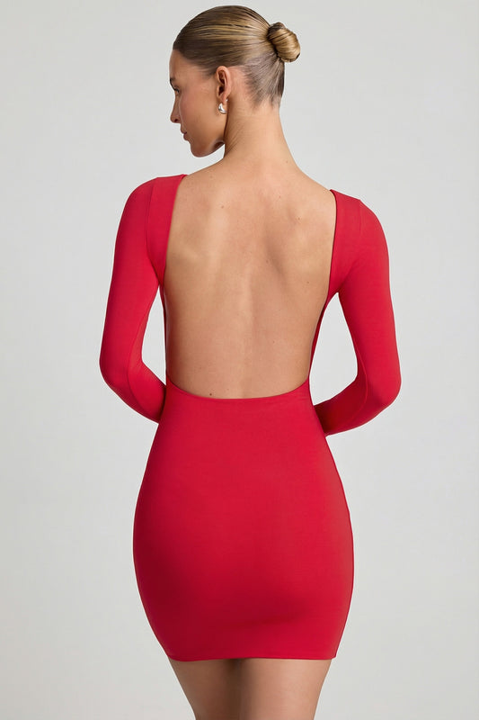 Open-Back Bodycon Mini Dress in Cherry Red