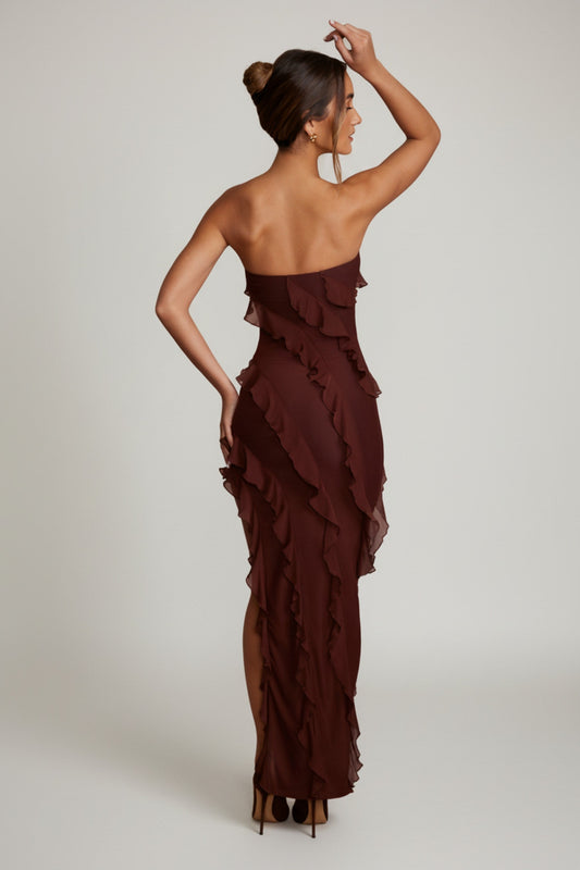 Bandeau Ruffle Detail Maxi Dress in Brown