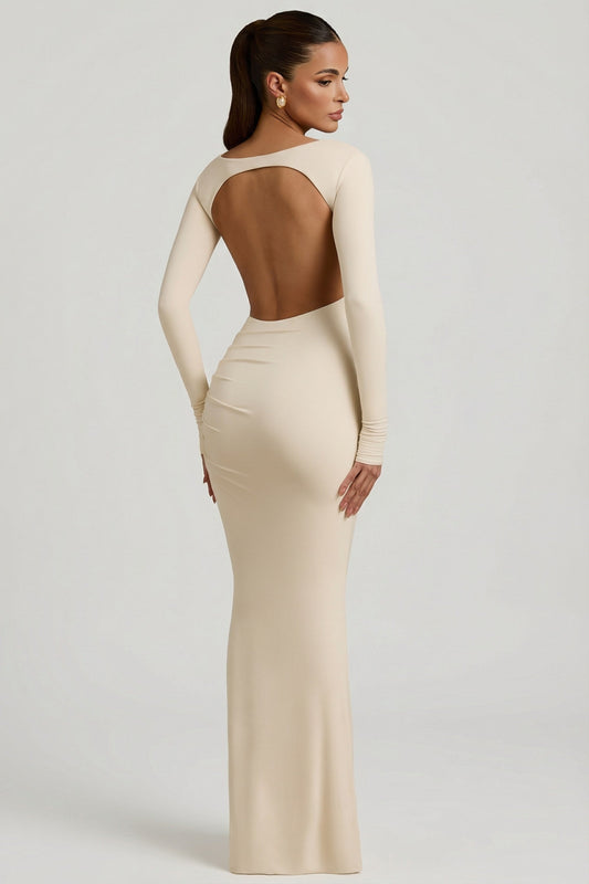 Modal Ruched Backless Maxi Dress in Ivory