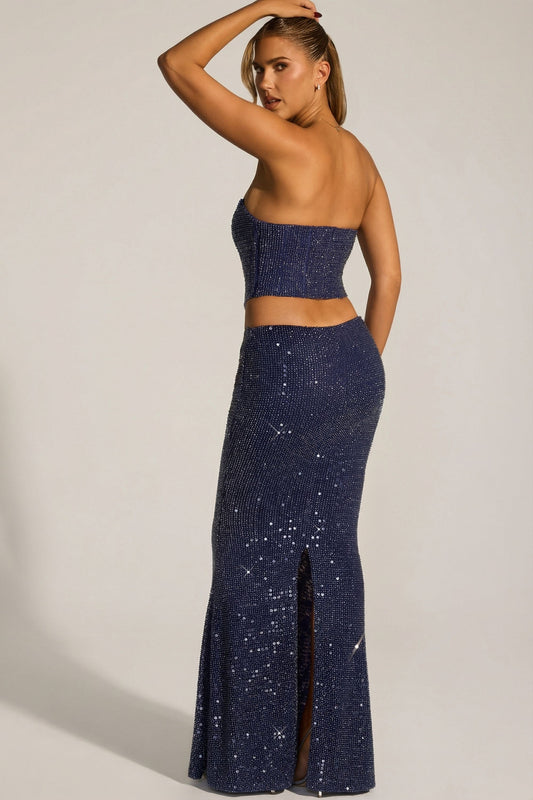 Embellished Cut-Out Draped Corset Gown in Midnight Blue