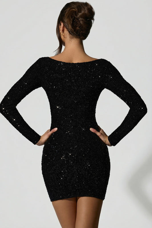 Embellished Sweetheart-Neck Mini Dress in Black